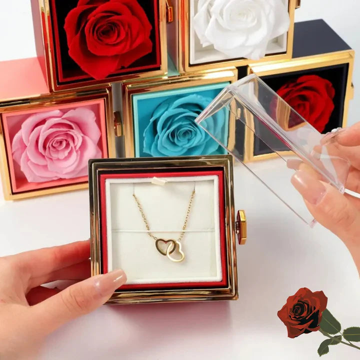 Coffret Cadeau de Rose Éternelle avec Collier Double Cœur