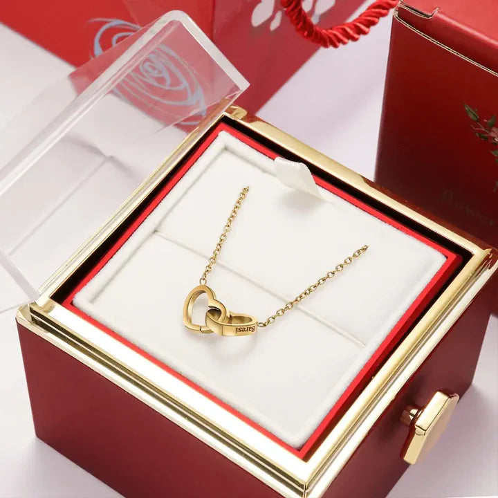 Coffret Cadeau de Rose Éternelle avec Collier Double Cœur