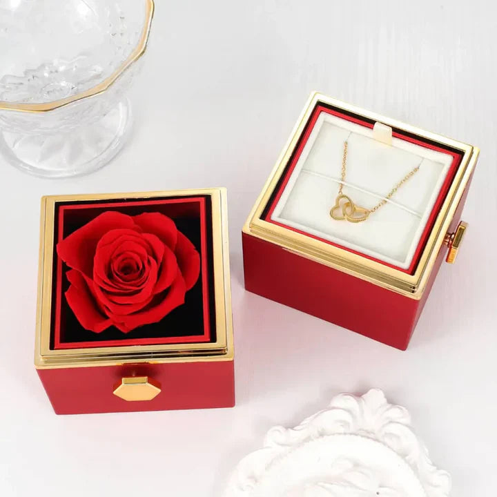 Coffret Cadeau de Rose Éternelle avec Collier Double Cœur